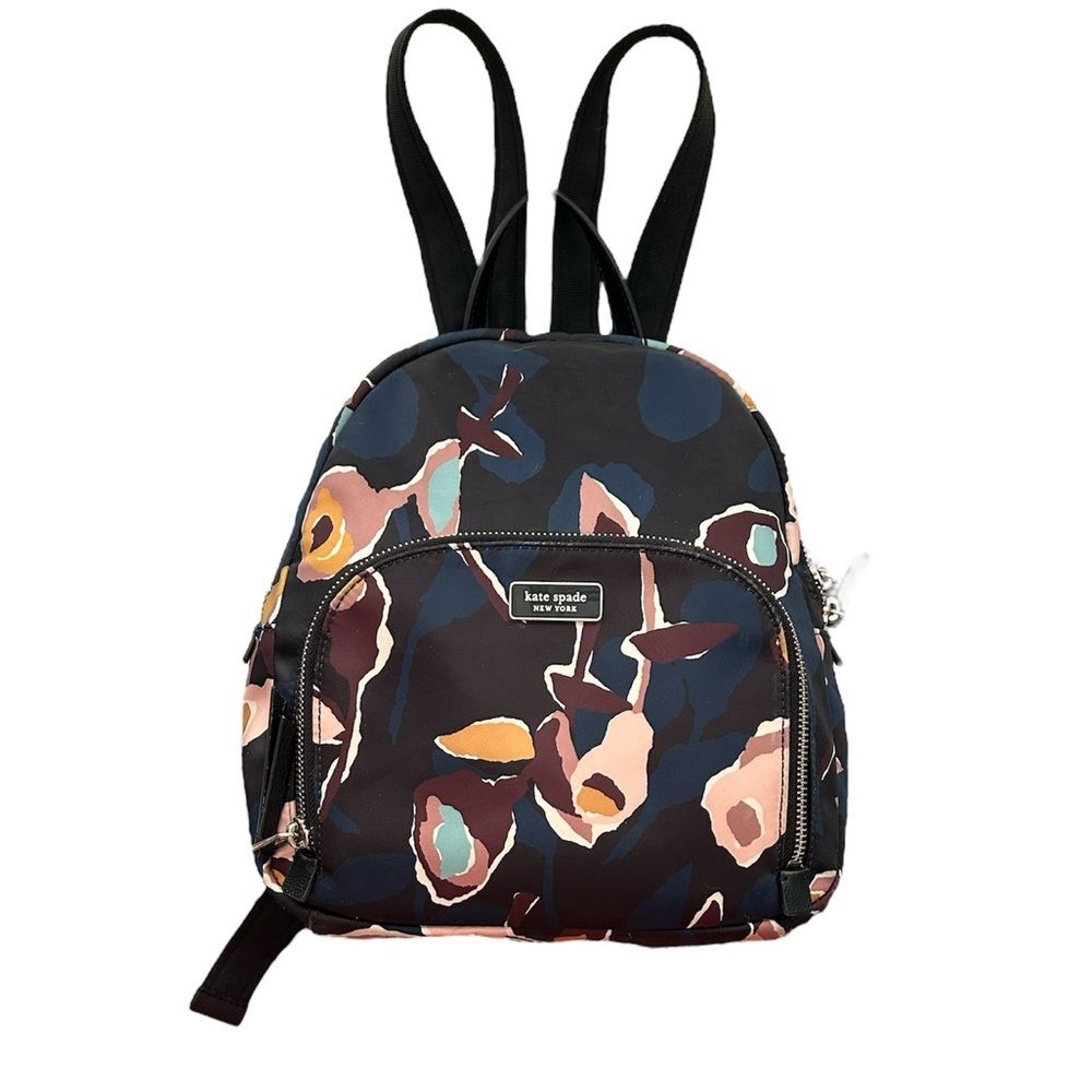 Kate Spade Black Floral Silky Fabric Double Zipper Small Backpack